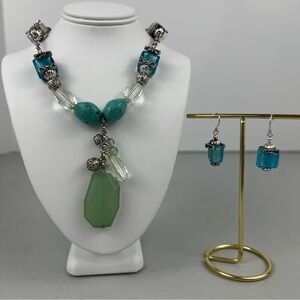 Avon Turquoise & Sea Glass Necklace & Pierced Earrings Set